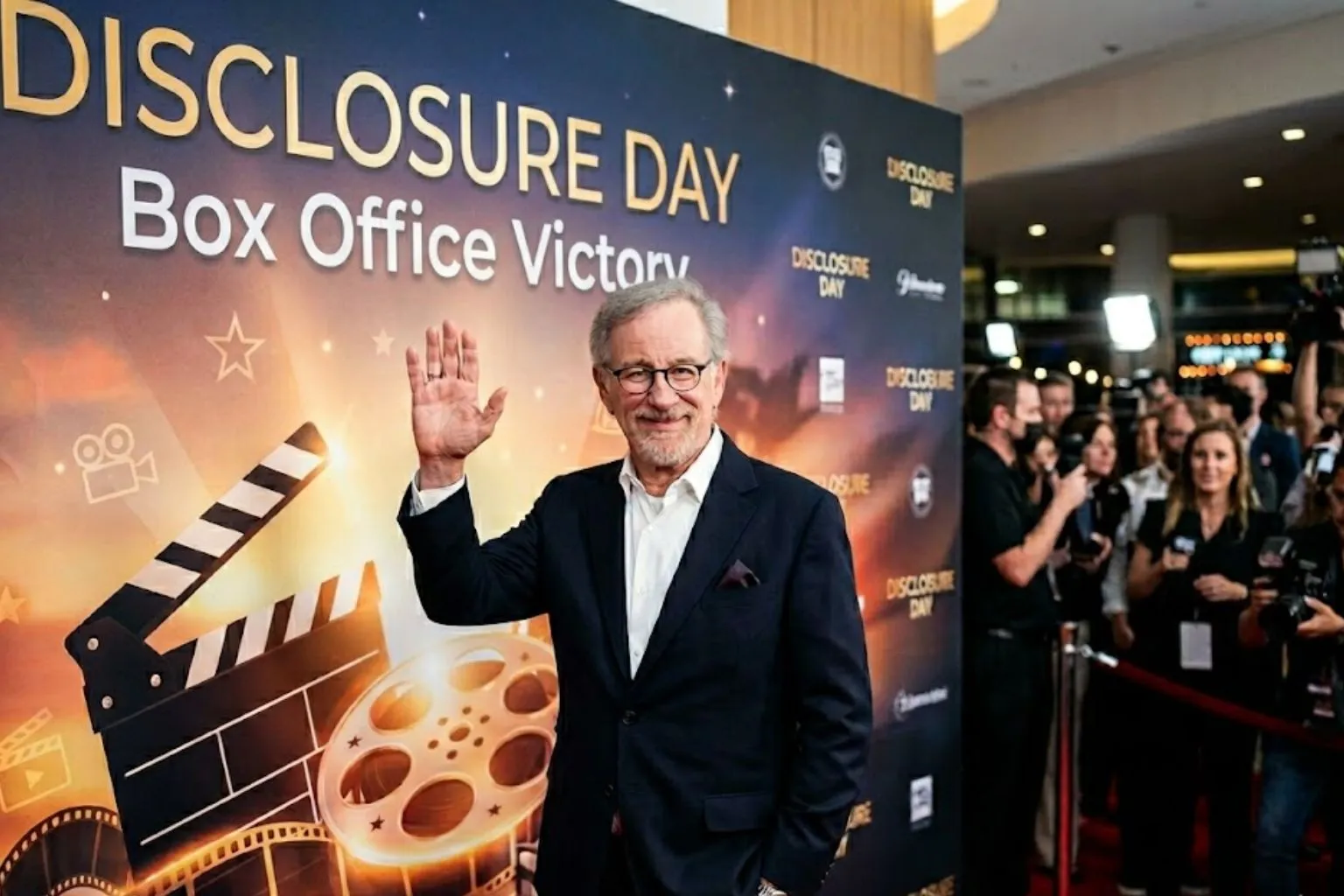Close-up portrait of director Steven Spielberg making a hand gesture at the Disclosure Day red carpet event, standing in front of a poster that reads "Disclosure Day Summer Victory".