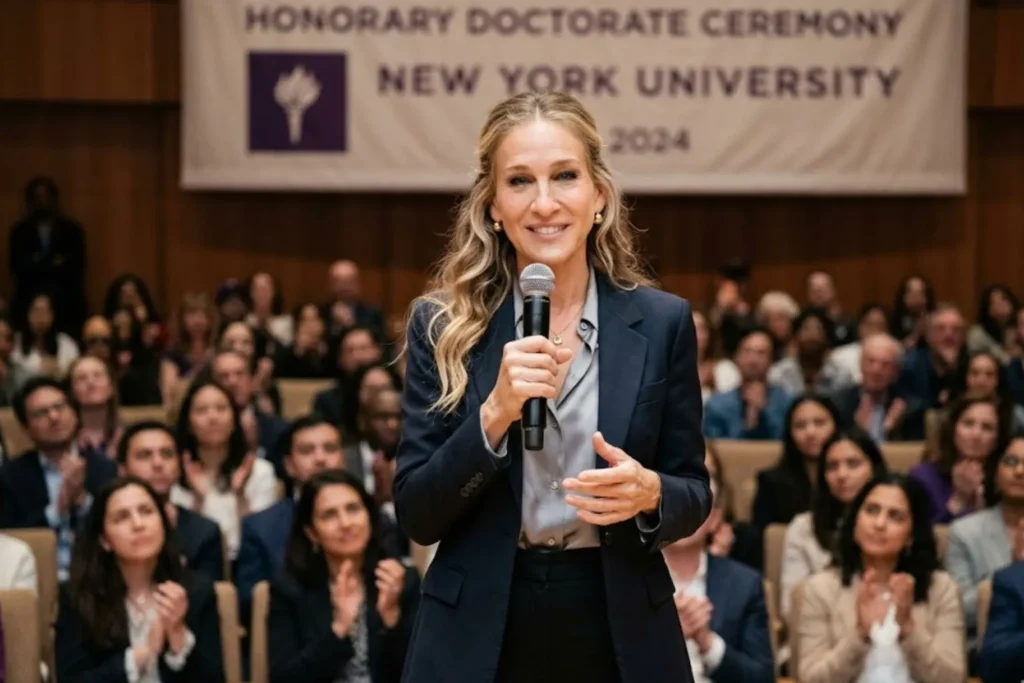 A close-up, realistic photograph of Sarah Jessica Parker holding a microphone on stage, making confident eye contact with a clapping audience during an academic milestone ceremony at New York University.
