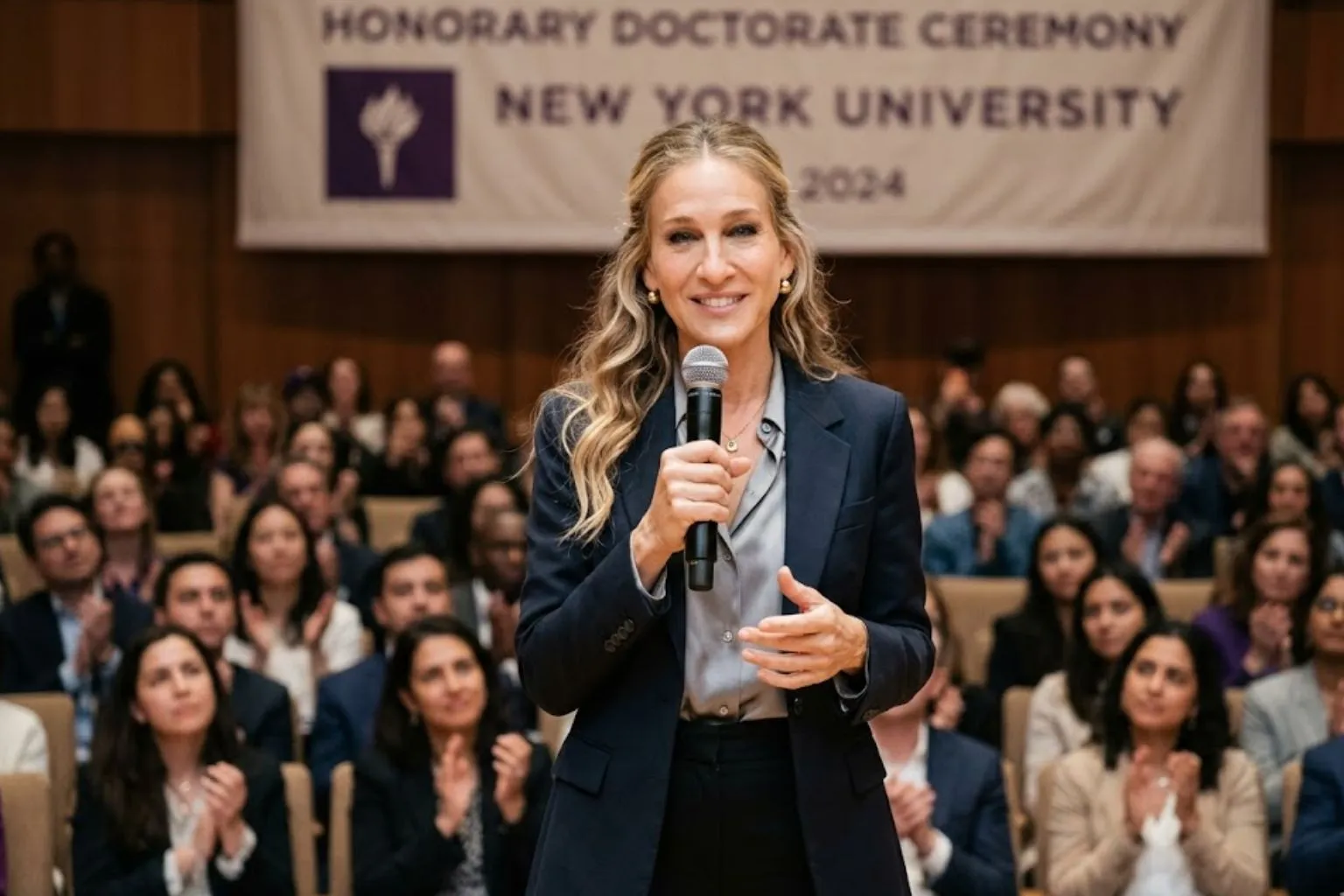 A close-up, realistic photograph of Sarah Jessica Parker holding a microphone on stage, making confident eye contact with a clapping audience during an academic milestone ceremony at New York University.