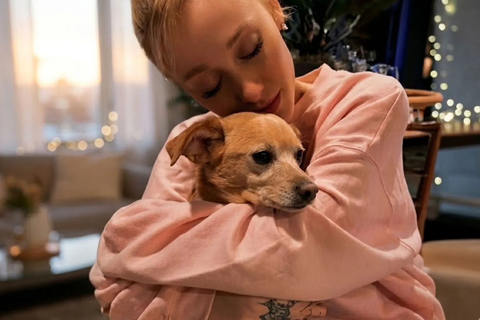 A blonde woman in a pink sweatshirt affectionately hugging her small tan dog in a cozy, warmly lit living room.