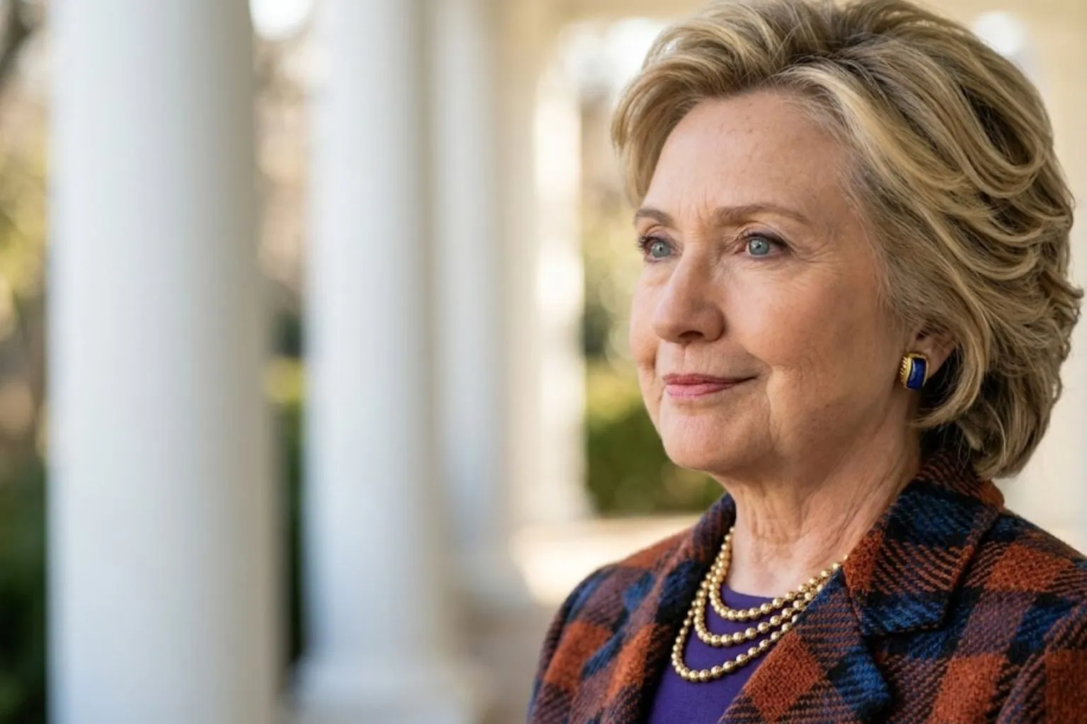 A realistic close-up portrait of Hillary Clinton with styled blonde hair, wearing a plaid blazer and a gold necklace, standing outside against a blurred background of white columns.