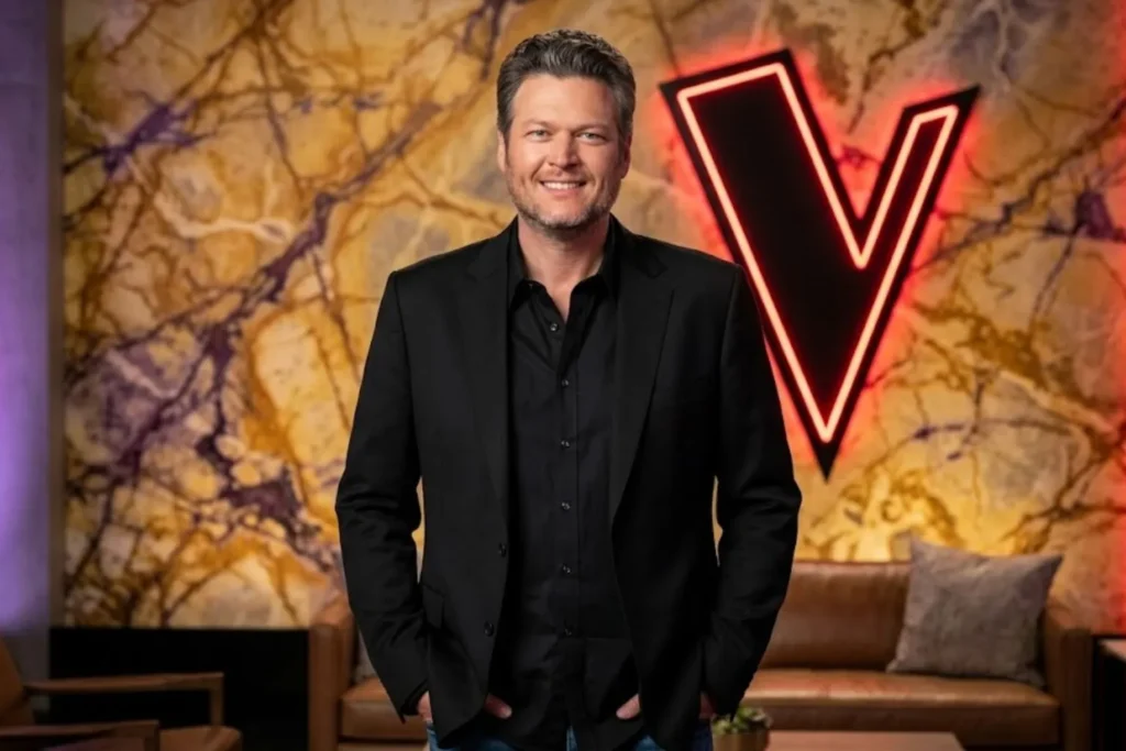 A realistic portrait of country music star Blake Shelton smiling in a black blazer and button-down shirt, standing in front of a neon 'V' sign on an entertainment studio set.