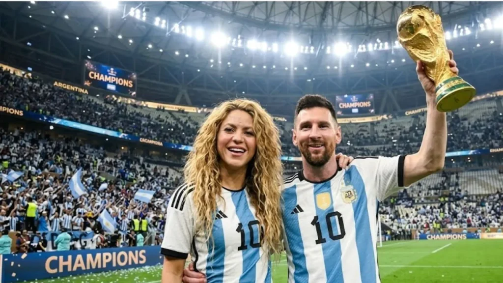 Pop star Shakira smiling and waving from a stadium VIP suite next to her sons Milan and Sasha.