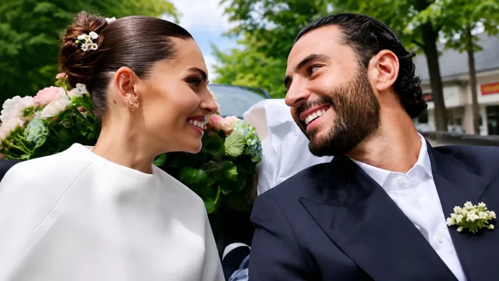 Close-up shot of Thylane Blondeau looking lovingly at her husband Ben Attal on their wedding day in Paris.