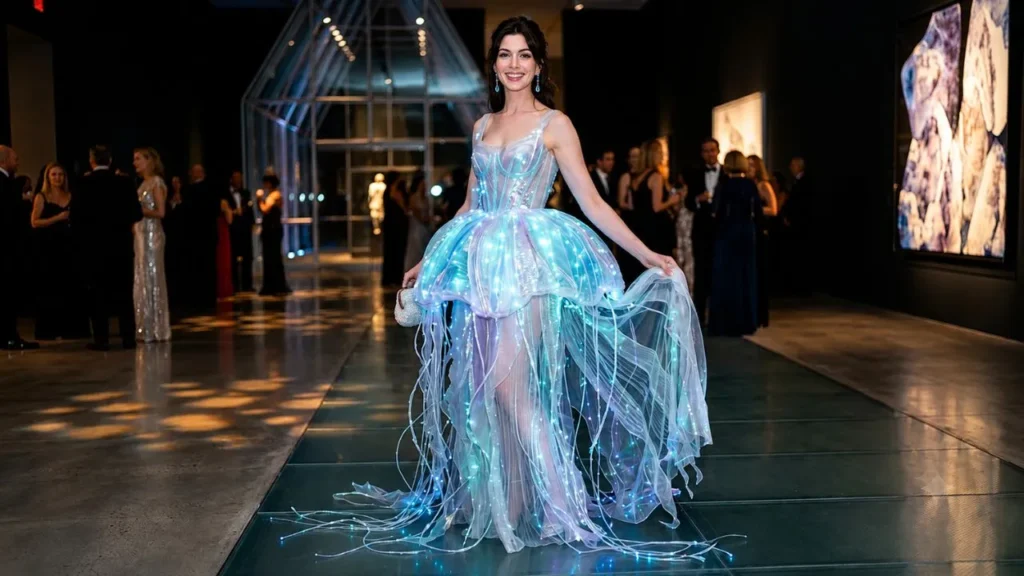 Anne Hathaway in a baby-blue Dior gown at The Odyssey London premiere