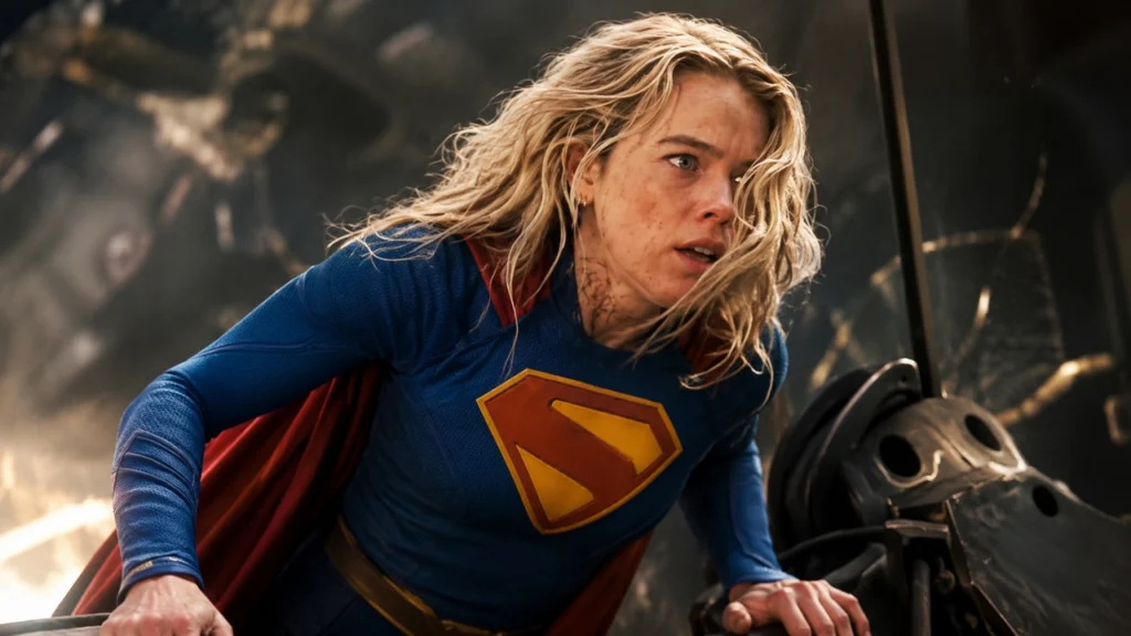 Milly Alcock as Supergirl standing heroically in space, representing the new DCU slate.
