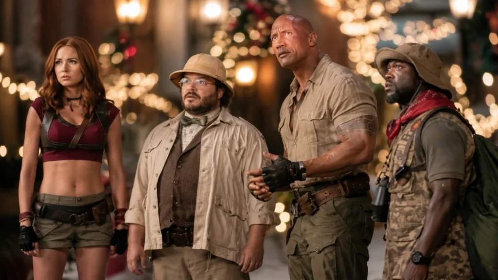 Dwayne Johnson, Kevin Hart, Jack Black, and Karen Gillan in Jumanji: Open World
