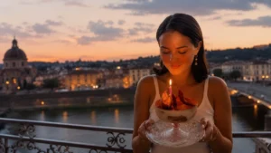 Selena Gomez wearing a white outfit and crochet bandana during her birthday trip in Italy.