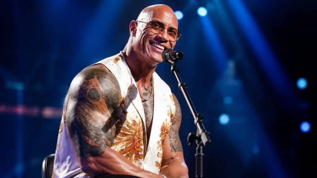 Dwayne Johnson smiling at a red carpet music premiere.