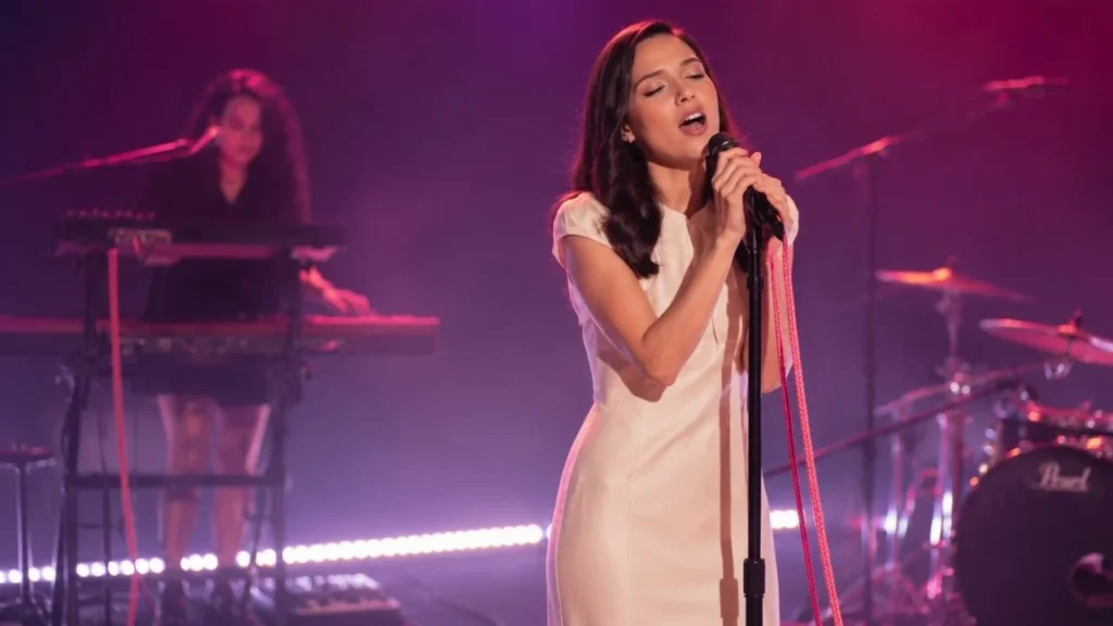 Singer Olivia Rodrigo singing into a microphone on stage during a concert performance under purple and blue lighting.