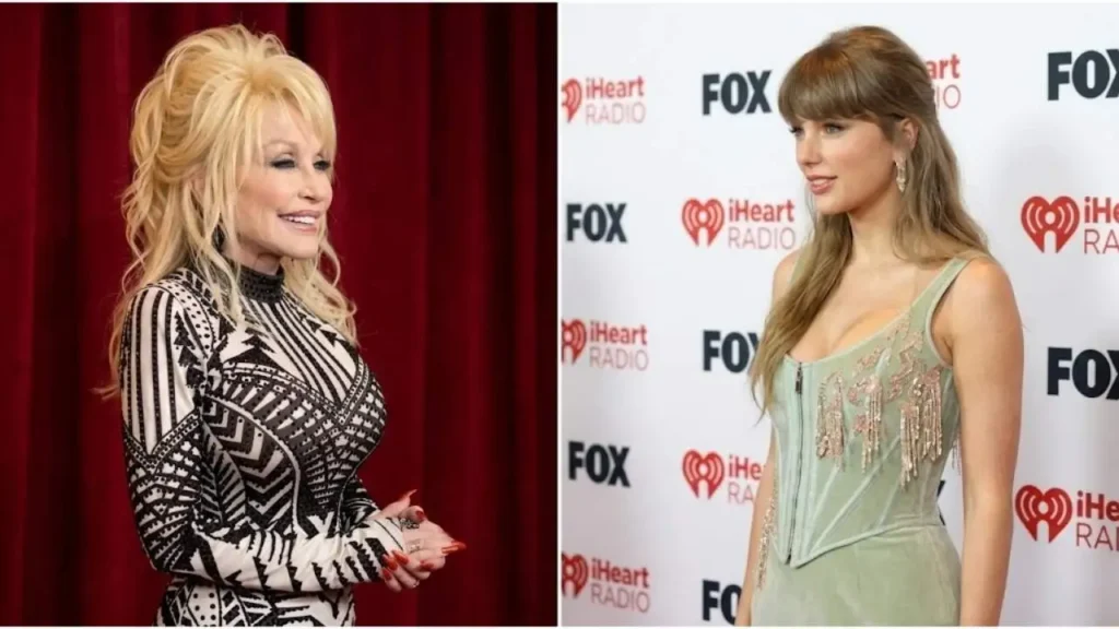 Photographic split of Taylor Swift performing at a microphone and country legend Dolly Parton smiling.