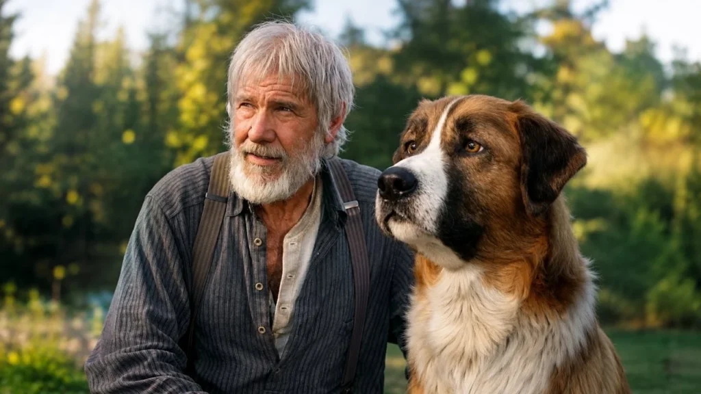 Harrison Ford sitting outdoors in a winter coat beside the CGI dog Buck