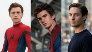 Tobey Maguire, Andrew Garfield, and Tom Holland in their respective Spider-Man suits.