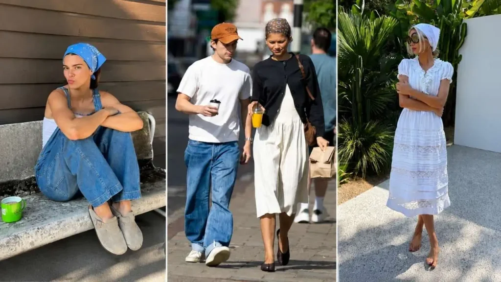 Zendaya wearing a navy polka dot bandana tied around her bixie haircut