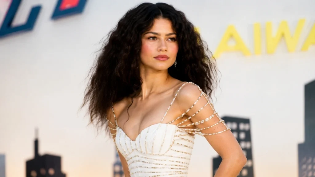 Zendaya wearing an ivory Tamara Ralph gown with a gold spider detail in London.