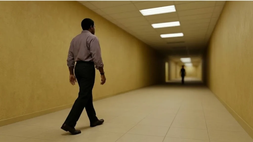 An eerie fluorescent yellow maze carpeted hallway from A24 sci-fi thriller movie The Backrooms