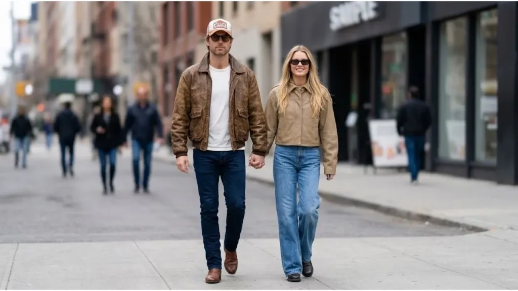 Glen Powell smiling alongside actress Michelle Randolph at a public event in New York