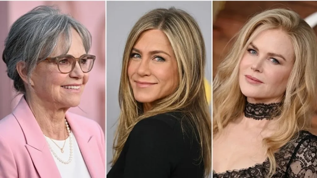 Hollywood icons Jennifer Aniston, Nicole Kidman, and Sally Field showcasing glamorous red carpet fashion ensembles