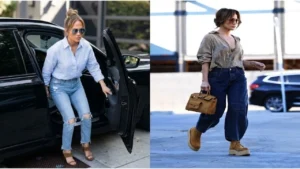 Jennifer Lopez wearing high-waisted dark wash flare jeans for fall fashion