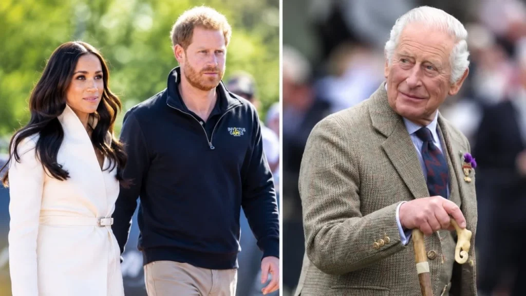King Charles III and Prince William standing together in formal suits discussing royal family duties