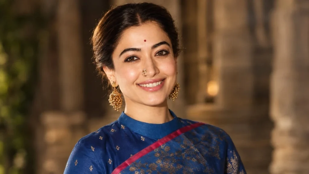 Rashmika Mandanna in traditional attire speaking on stage alongside Kamal Haasan at the MS Subbulakshmi biopic launch
