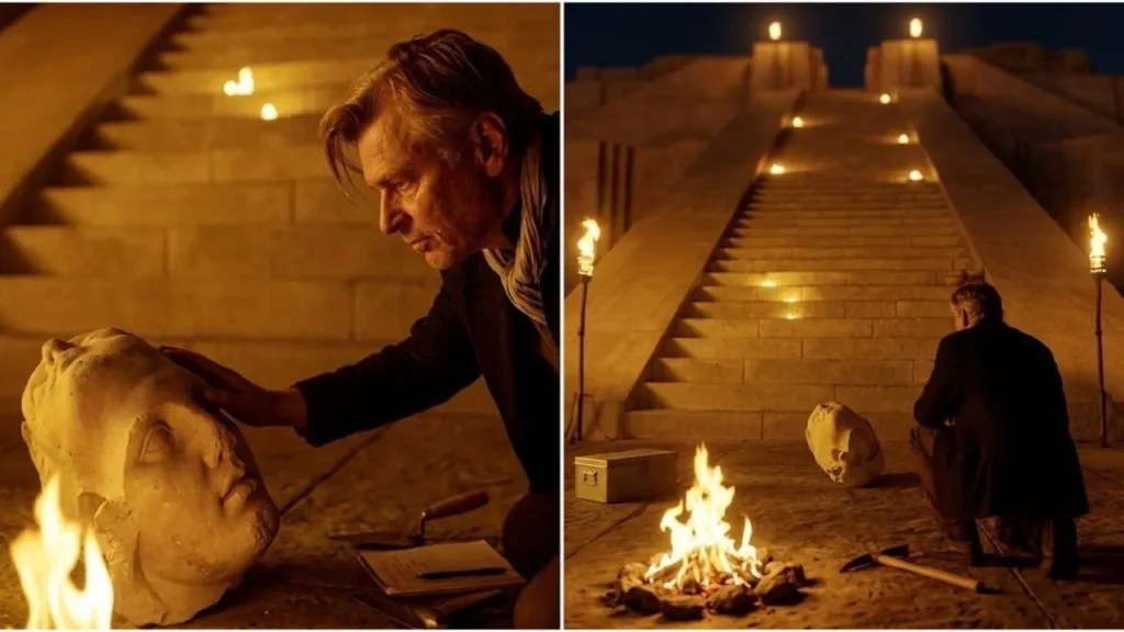 Full-scale wooden ship burning on open water during a cinematic action sequence for The Odyssey