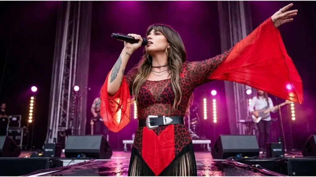 Country music singer Ella Langley holding a microphone and addressing the audience on stage during a concert