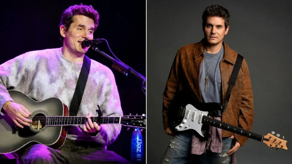 John Mayer playing acoustic guitar in a recording studio while recording a voice memo on his phone.