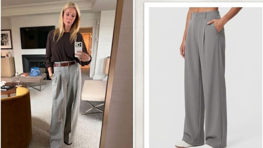 Katie Holmes and Gwyneth Paltrow wearing wide-leg dress trousers in New York City