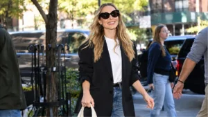 Kristen Bell wearing a cozy fall layered outfit in New York City