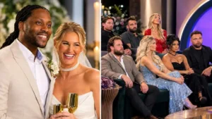 Cast members and lounge setting for Love Is Blind Season 11 featuring single contestants in Boston