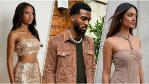Engaged contestants from Love Is Blind Season 11 having a tense conversation on a resort balcony during their honeymoon