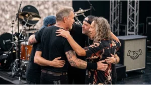 Heavy metal band Metallica performing on stage inside the illuminated Las Vegas Sphere interior