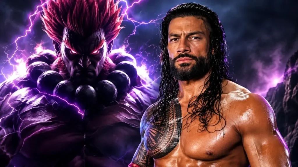 Roman Reigns as Akuma in full costume showing glowing red eyes and red hair in live action Street Fighter film.