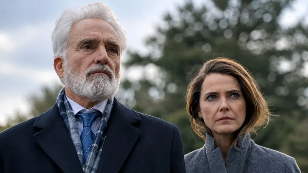 Keri Russell as Kate Wyler standing stunned during a high-stakes diplomatic summit in London